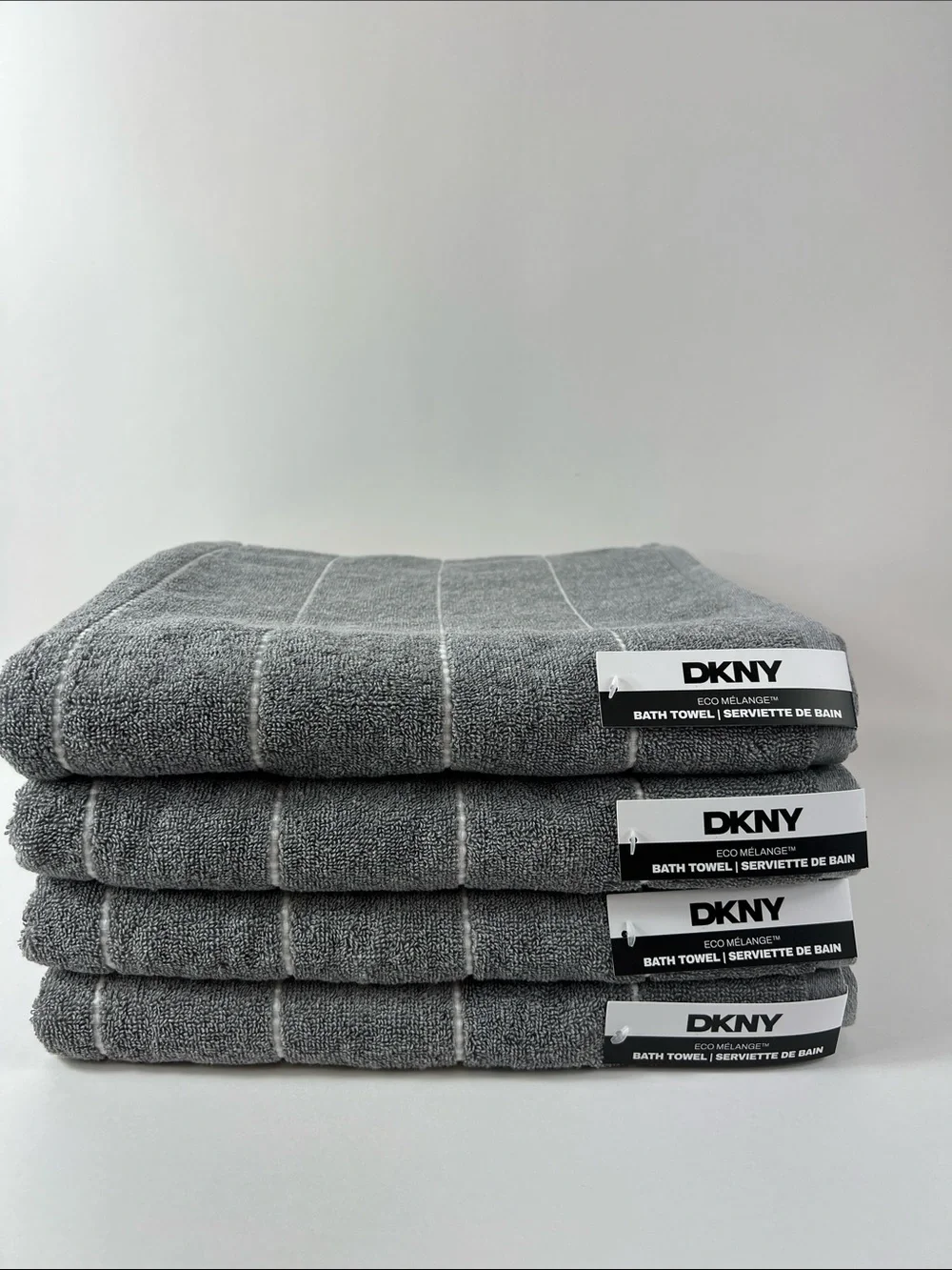 DKNY Eco Melange Bath Towels Medium Gray White Stripe Soft Cotton Set of 4 NEW